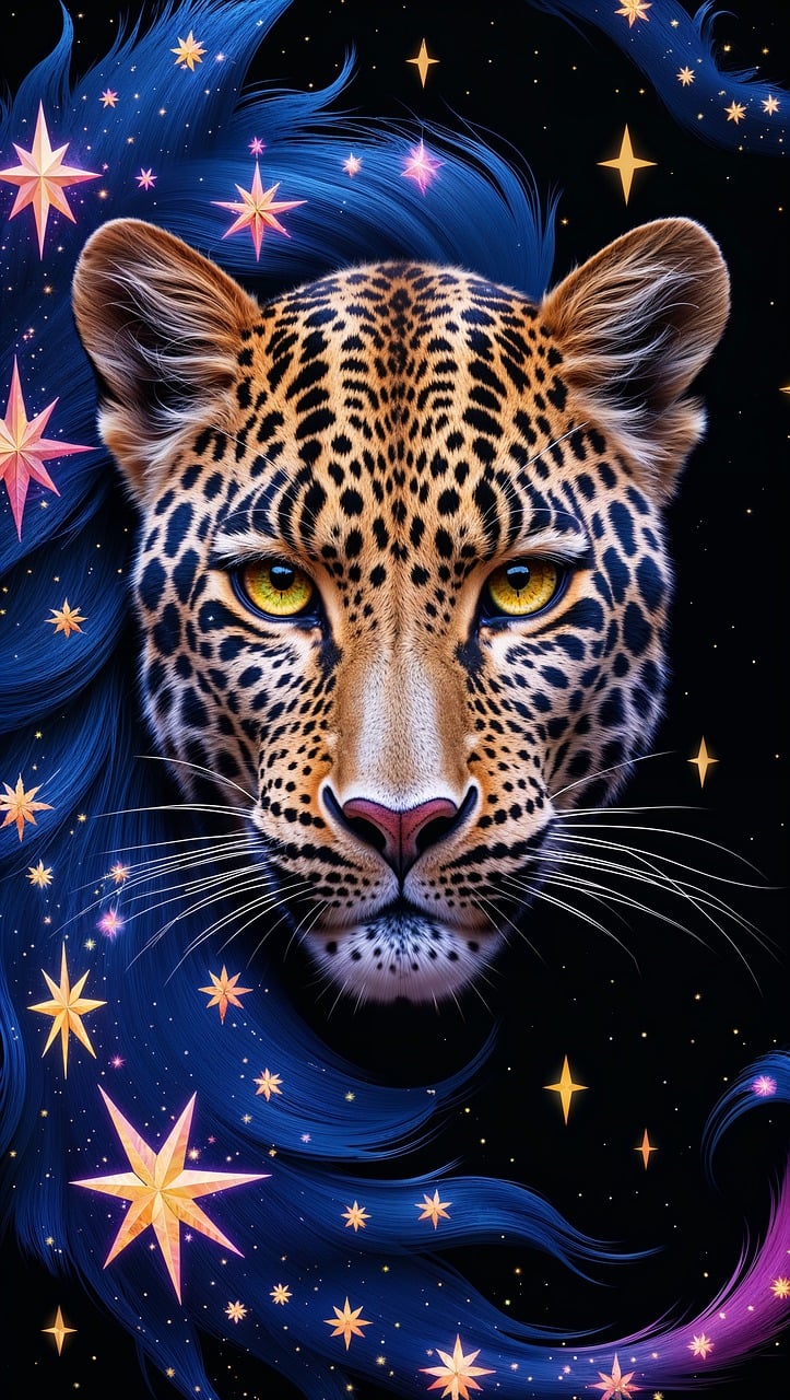 ai generated, leopard, predator, big cat, stars, head, portrait, multicoloured, wildlife