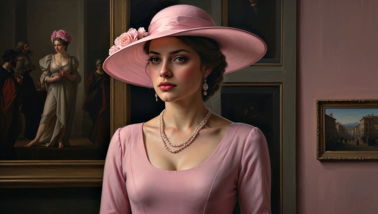 woman, portrait, art gallery, cap, pink, beauty, posing, ai generated